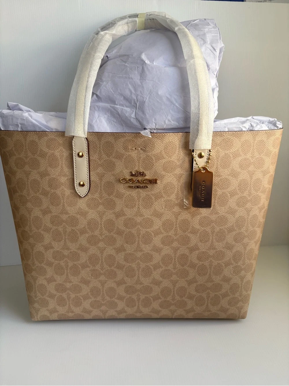 Coach Town Tote in Signature Coated Canvas # CBQ46 Khaki/Chalk Shoulder Bag XL